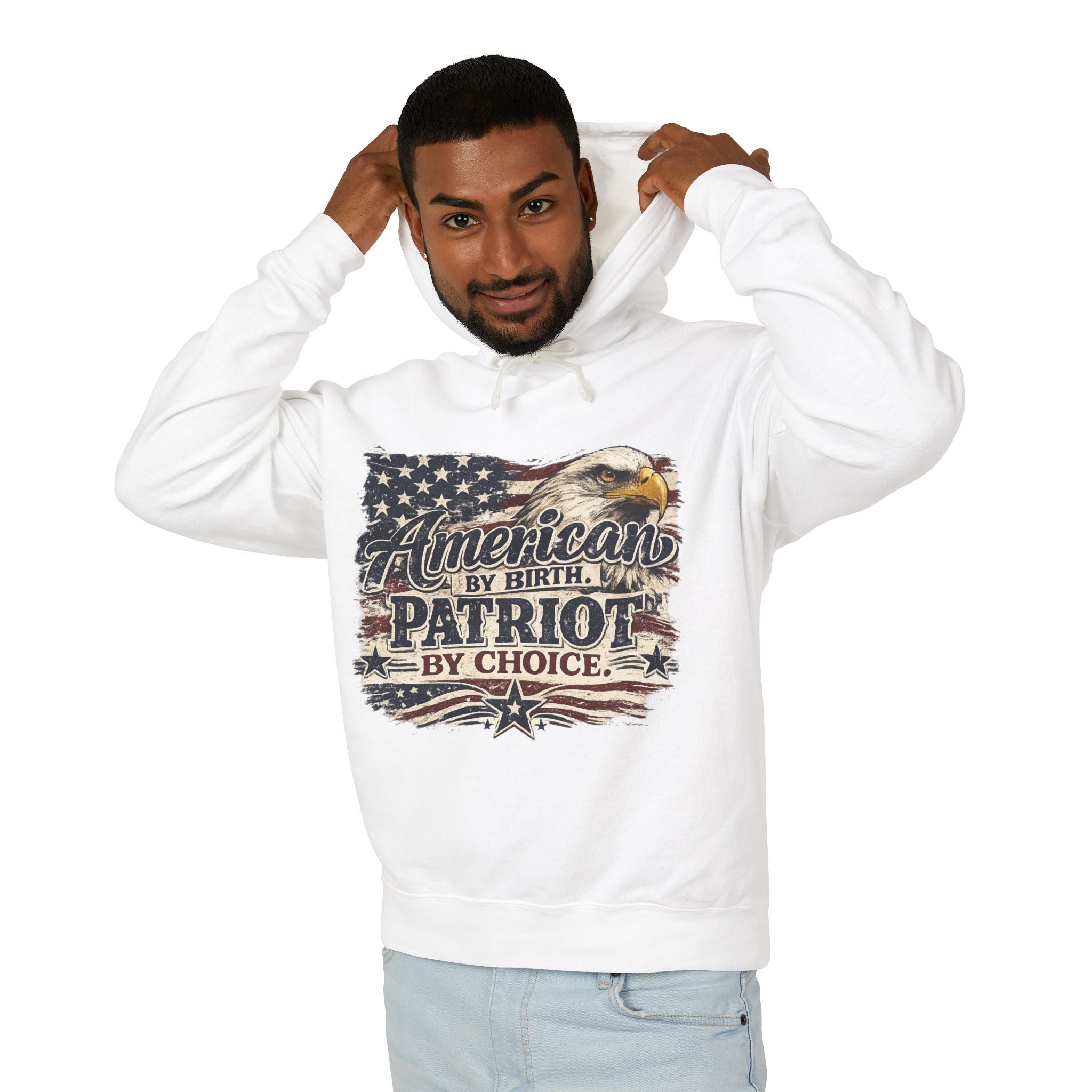 Patriot Hoodie — "American by Birth, Patriot by Choice" Eagle & Flag Design