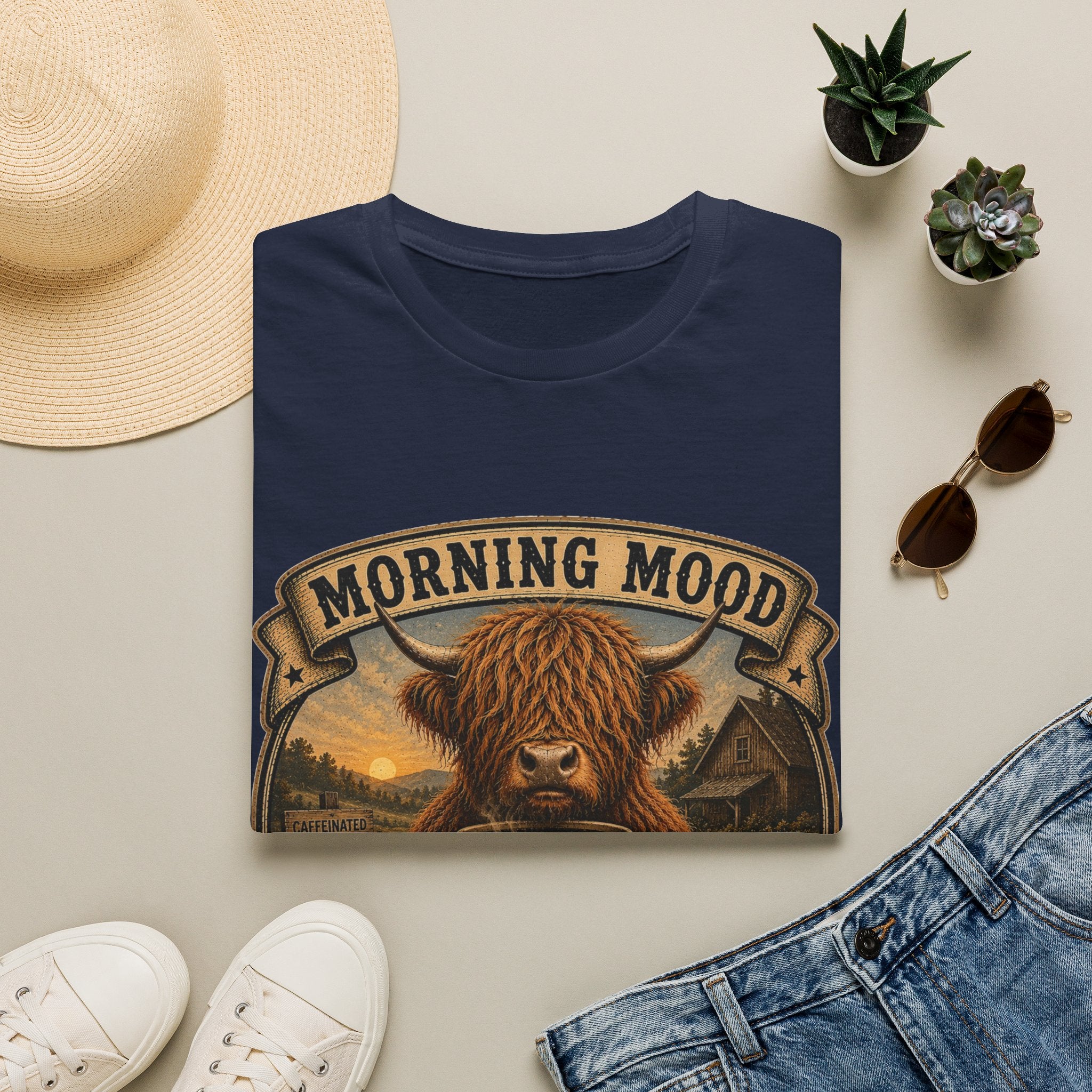 Morning Mood Moo First Questions Later Highland Cow Unisex Softstyle T-Shirt
