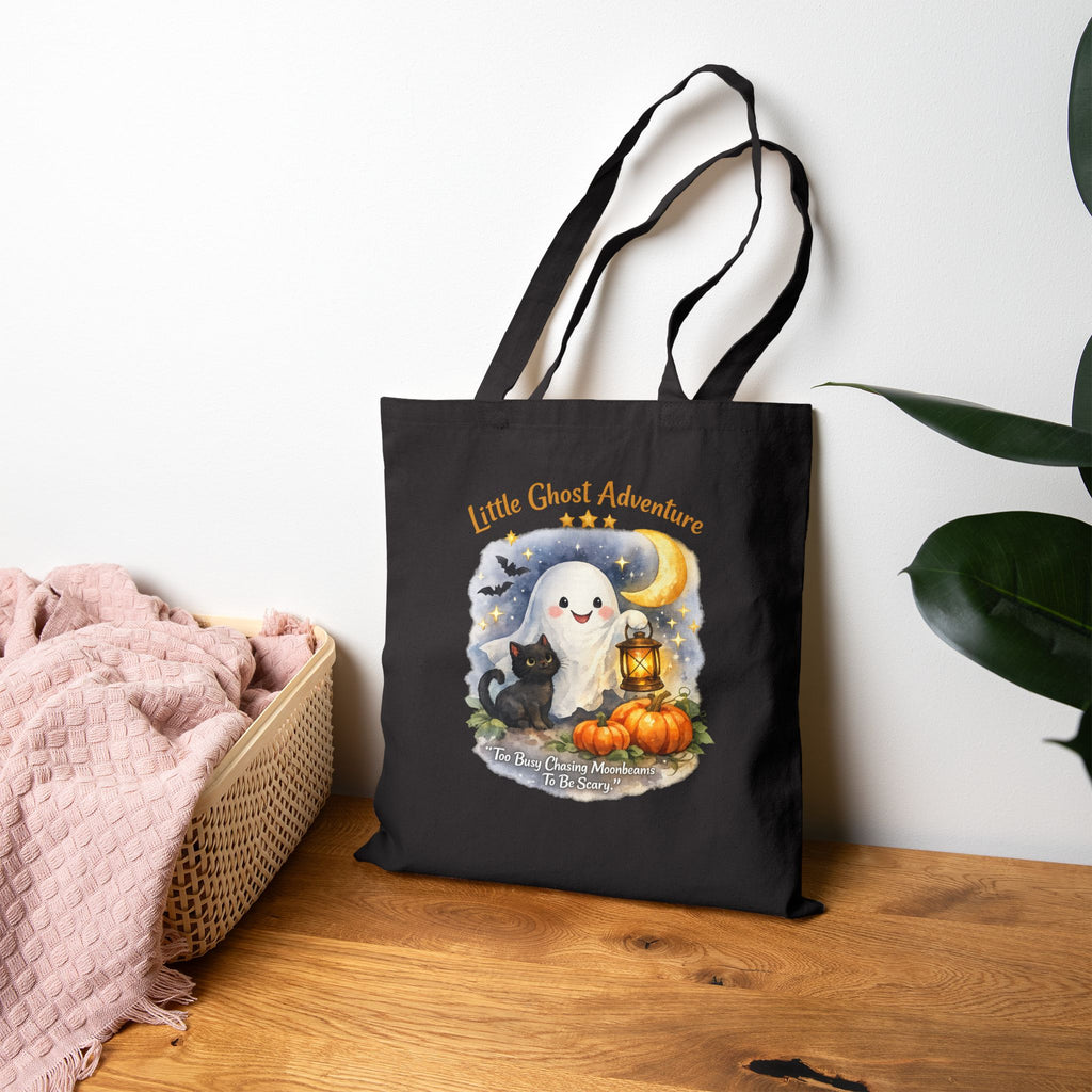 Halloween Ghost Tote Bag — "Little Ghost Adventure" Cotton Canvas Trick-or-Treat Bag