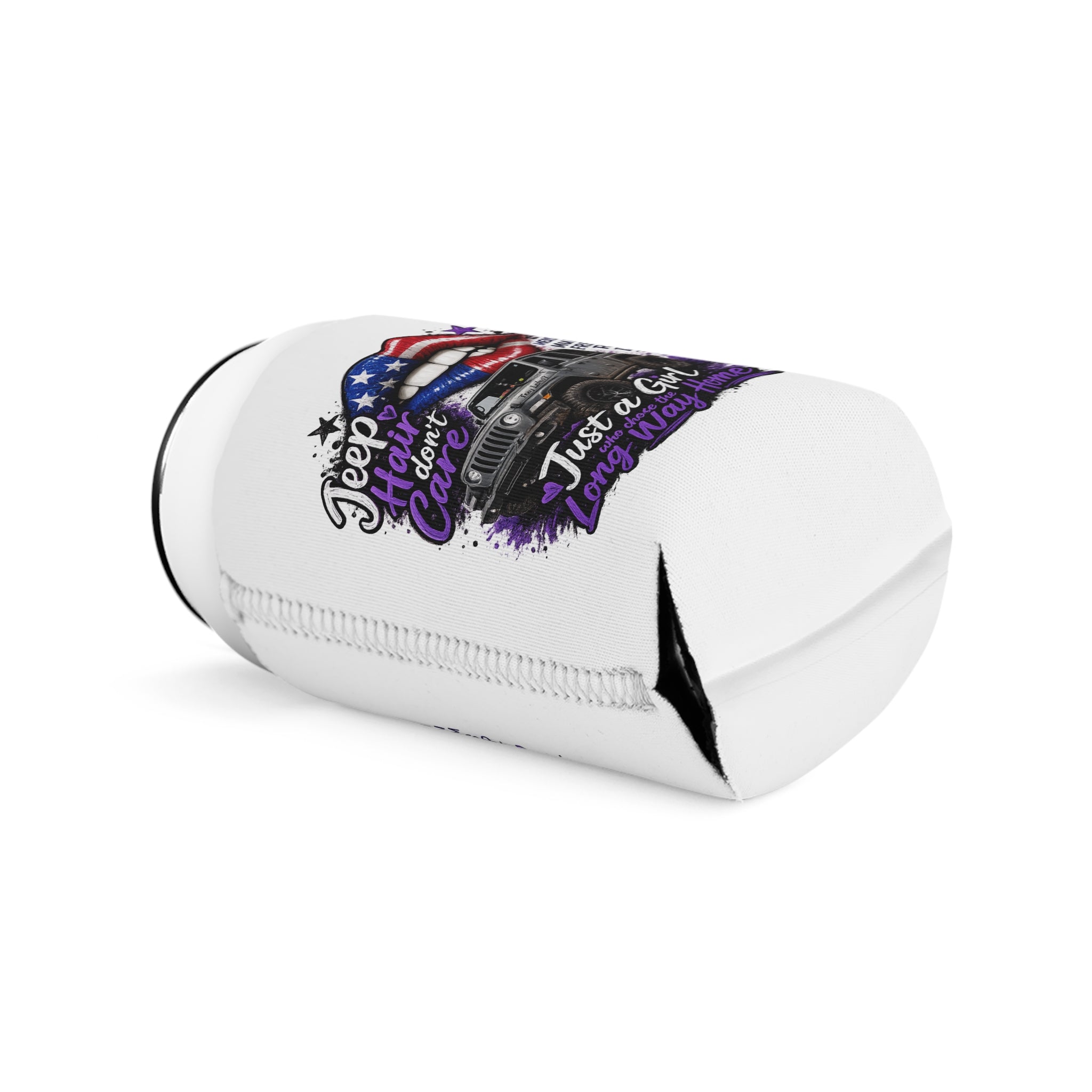 “Jeep Hair Don’t Care” Patriotic Off‑Road Girl Koozie Can Cooler Sleeve