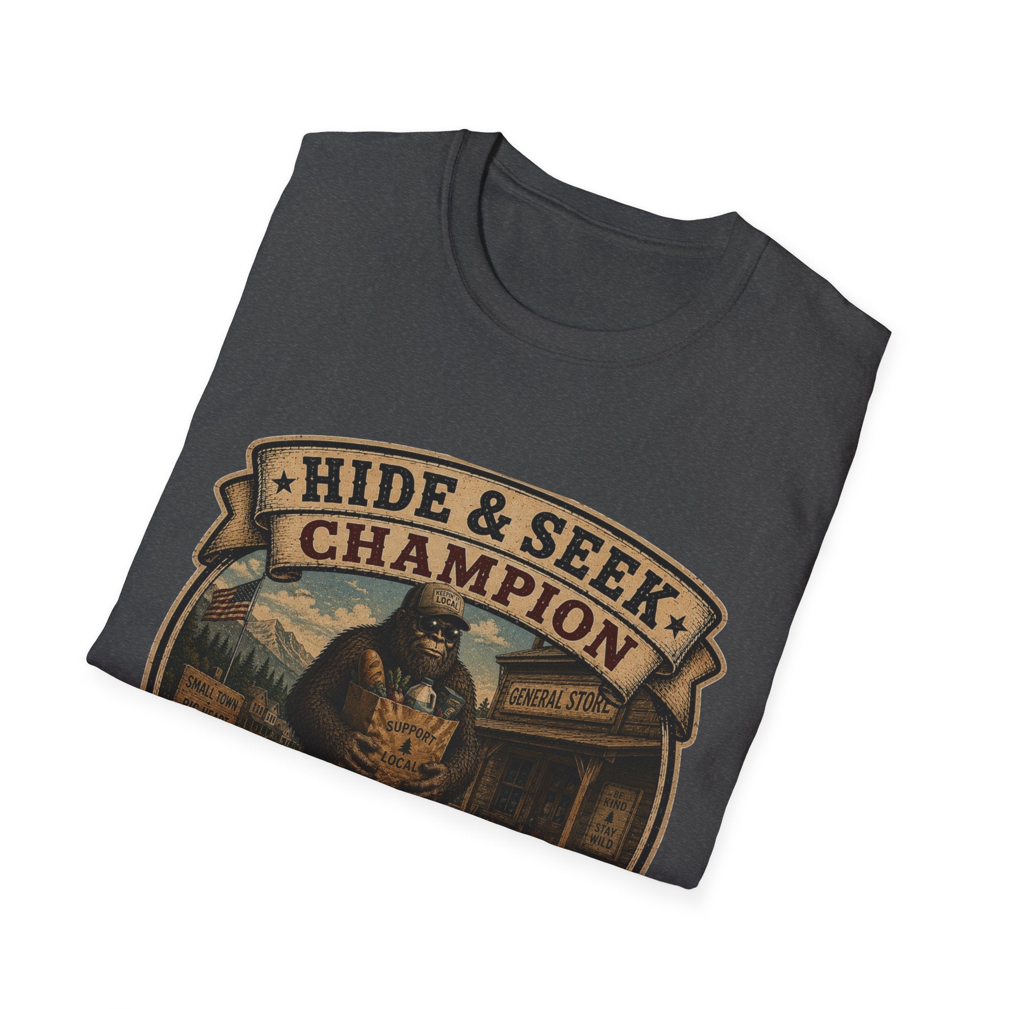 Hide & Seek Champion T-Shirt — Bigfoot Sasquatch Vintage Badge Design