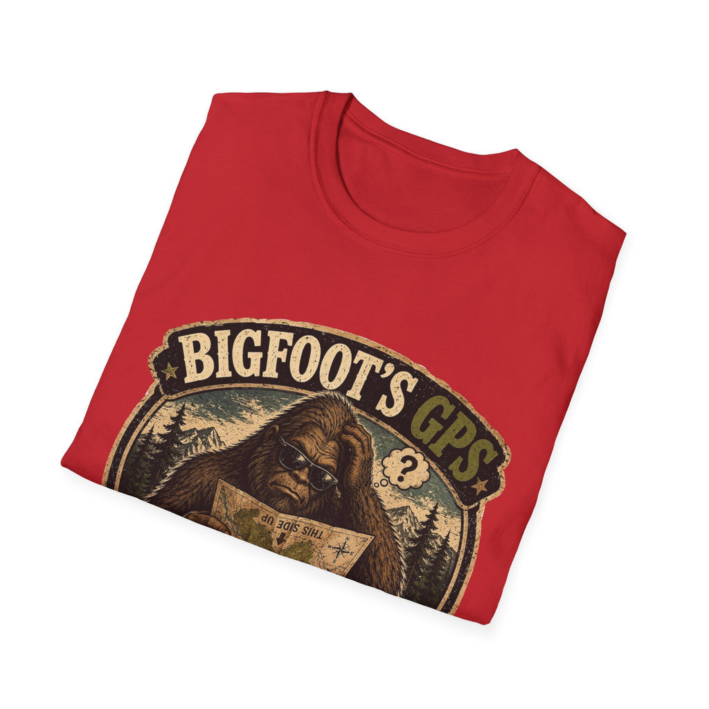 Bigfoot’s GPS T-Shirt — "Recalculating... Again" Retro Sasquatch Graphic Tee