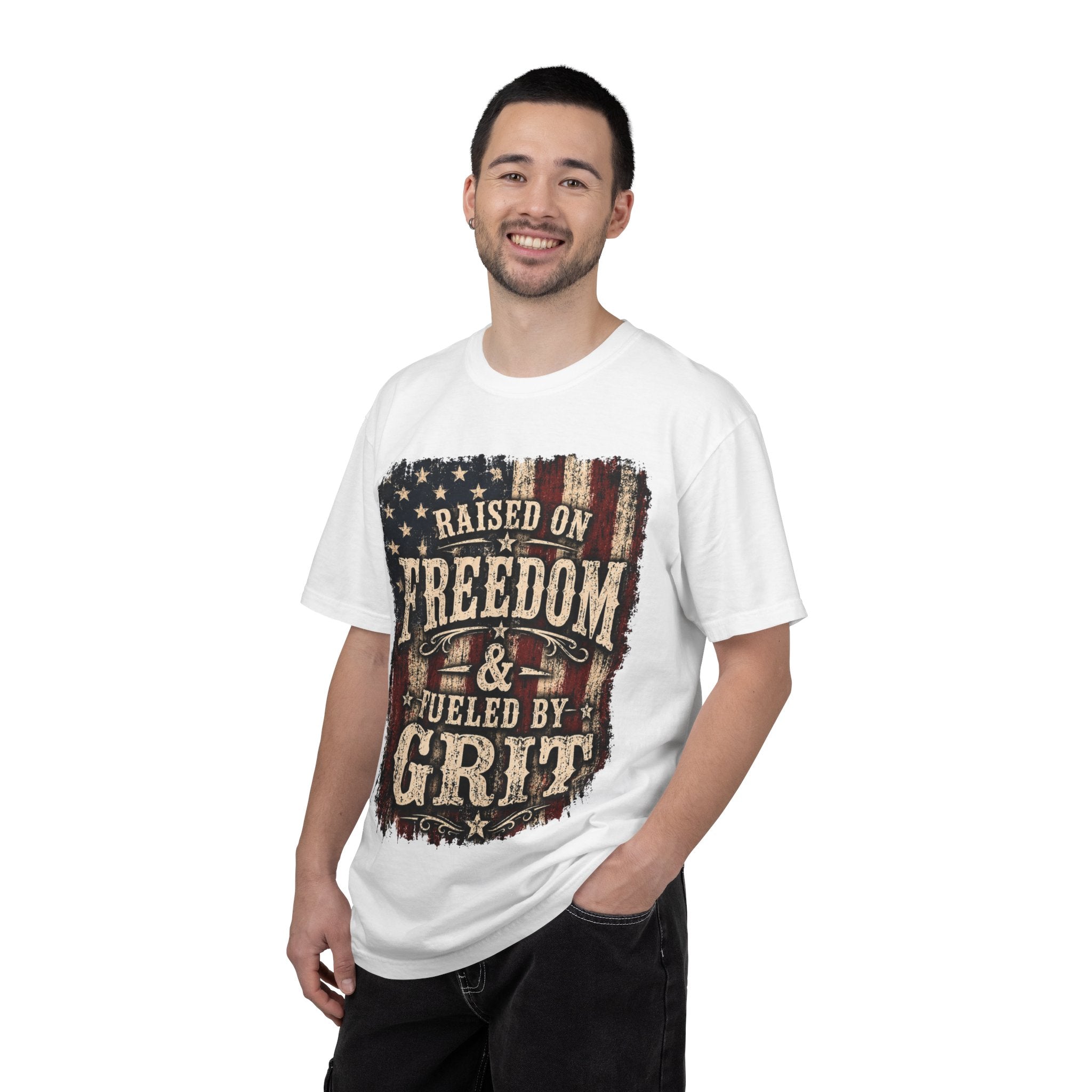 Raised on Freedom & Fueled by Grit T-Shirt — Patriotic Vintage American Flag Tee