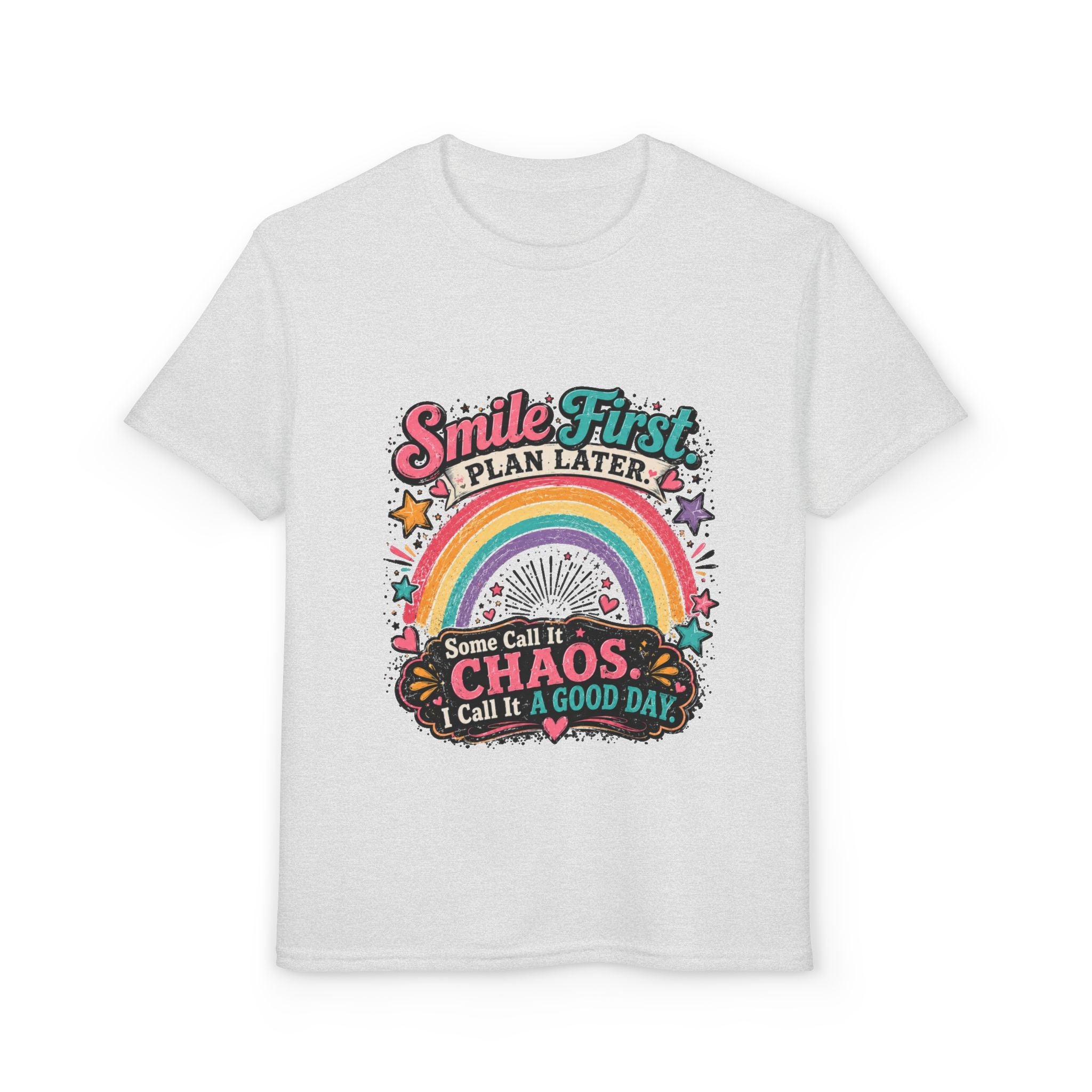 "Smile First, Plan Later" Rainbow Chaos Graphic Tee - Youth T-Shirt —