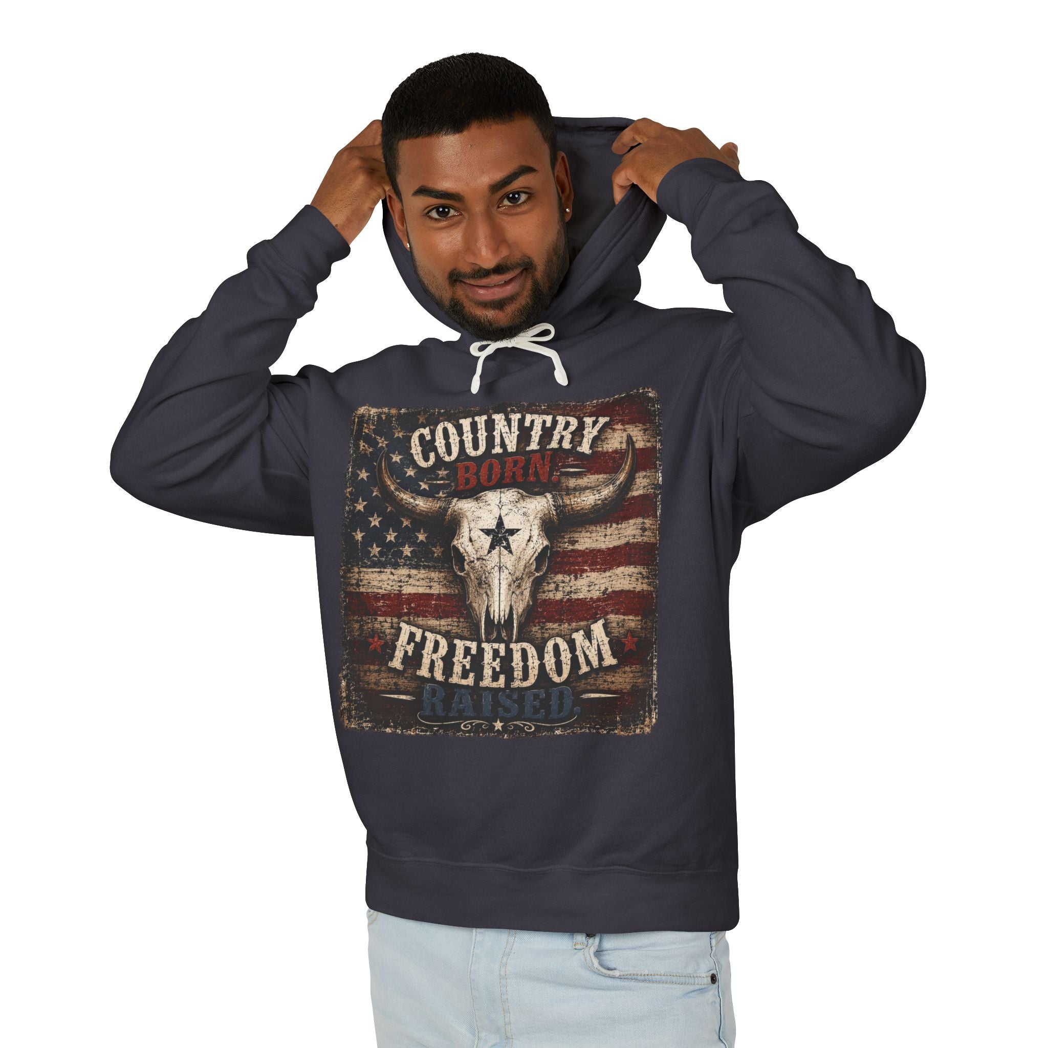 Country Born Raised Freedom Hoodie — American Flag Bull Skull Graphic Hooded Sweatshirt