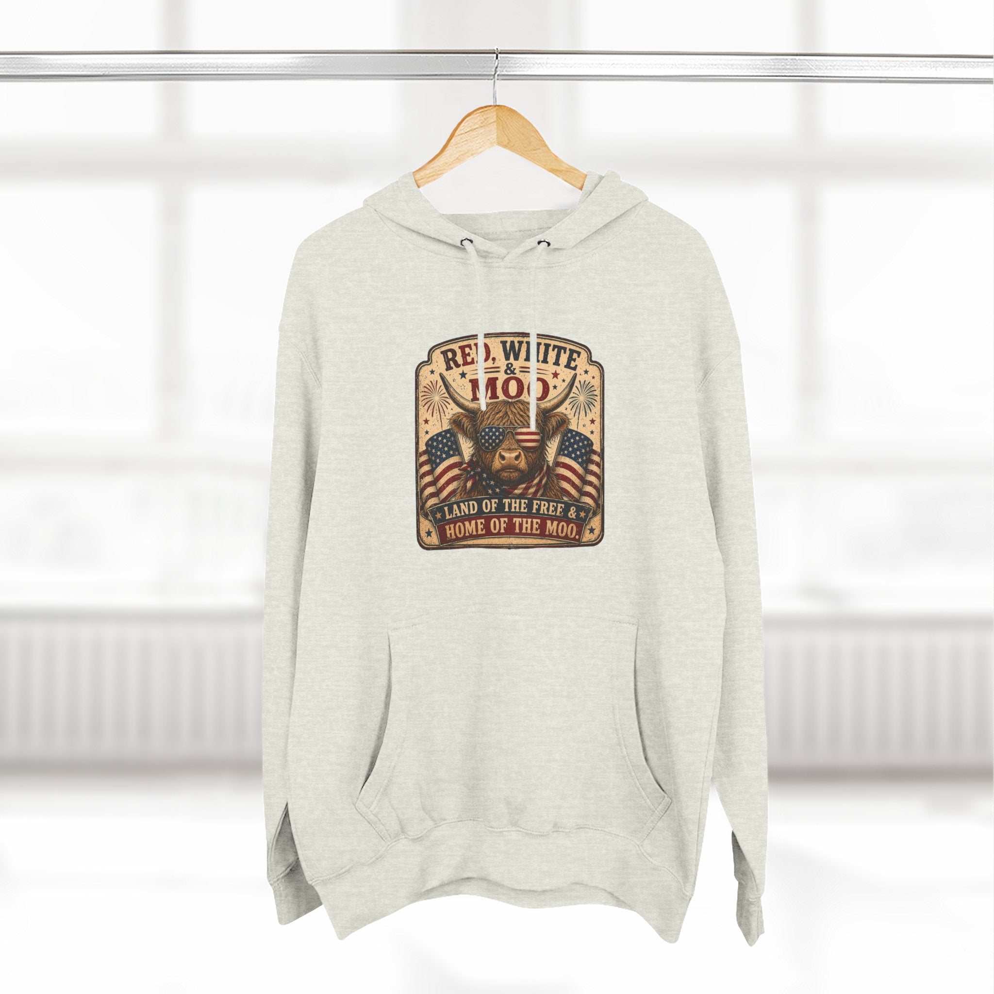 Red, White, & Moo Highland Cow Three-Panel Fleece Hoodie
