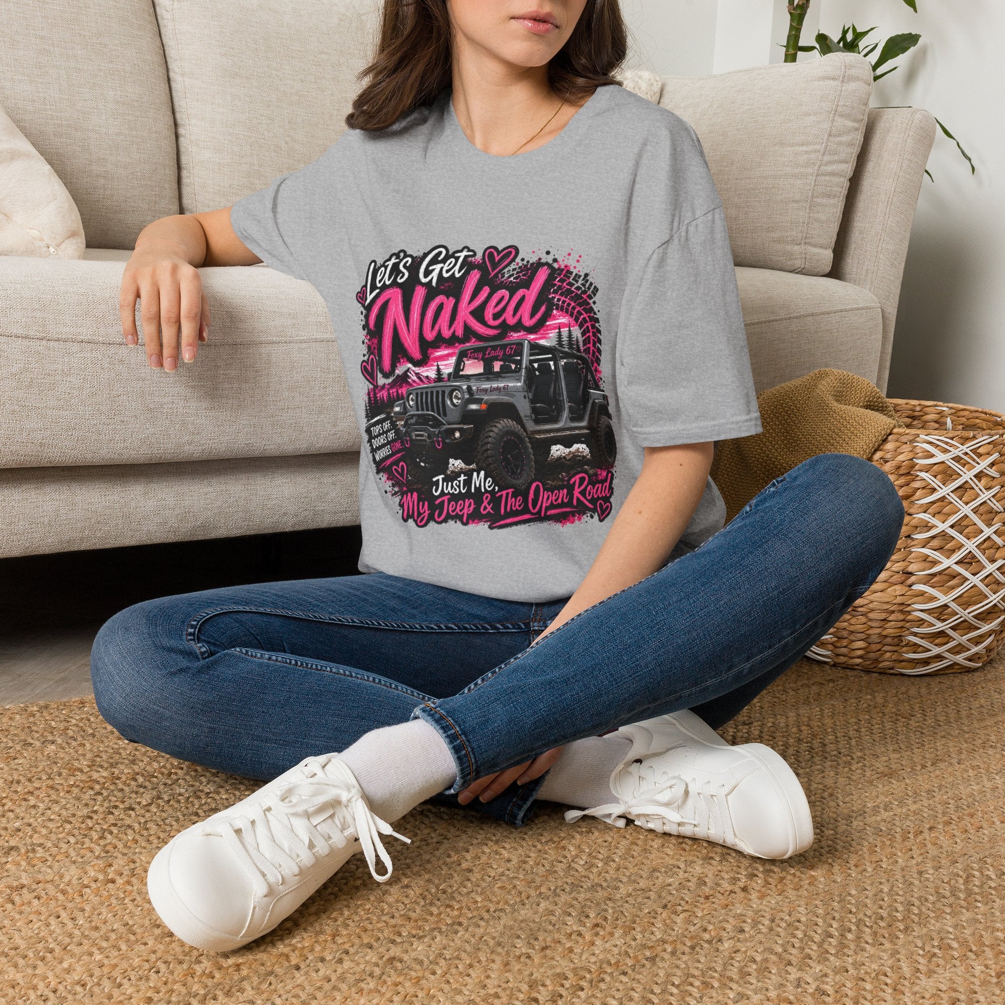 Jeep 'Let's Get Naked' Graphic T-Shirt — (Pink) Funny Off-Roading Top