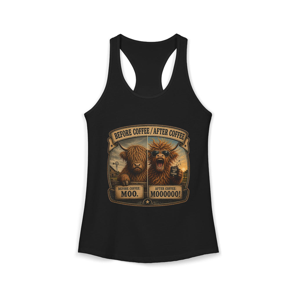 Before Coffee/After Coffee Highland Cow Women's Ideal Racerback Tank