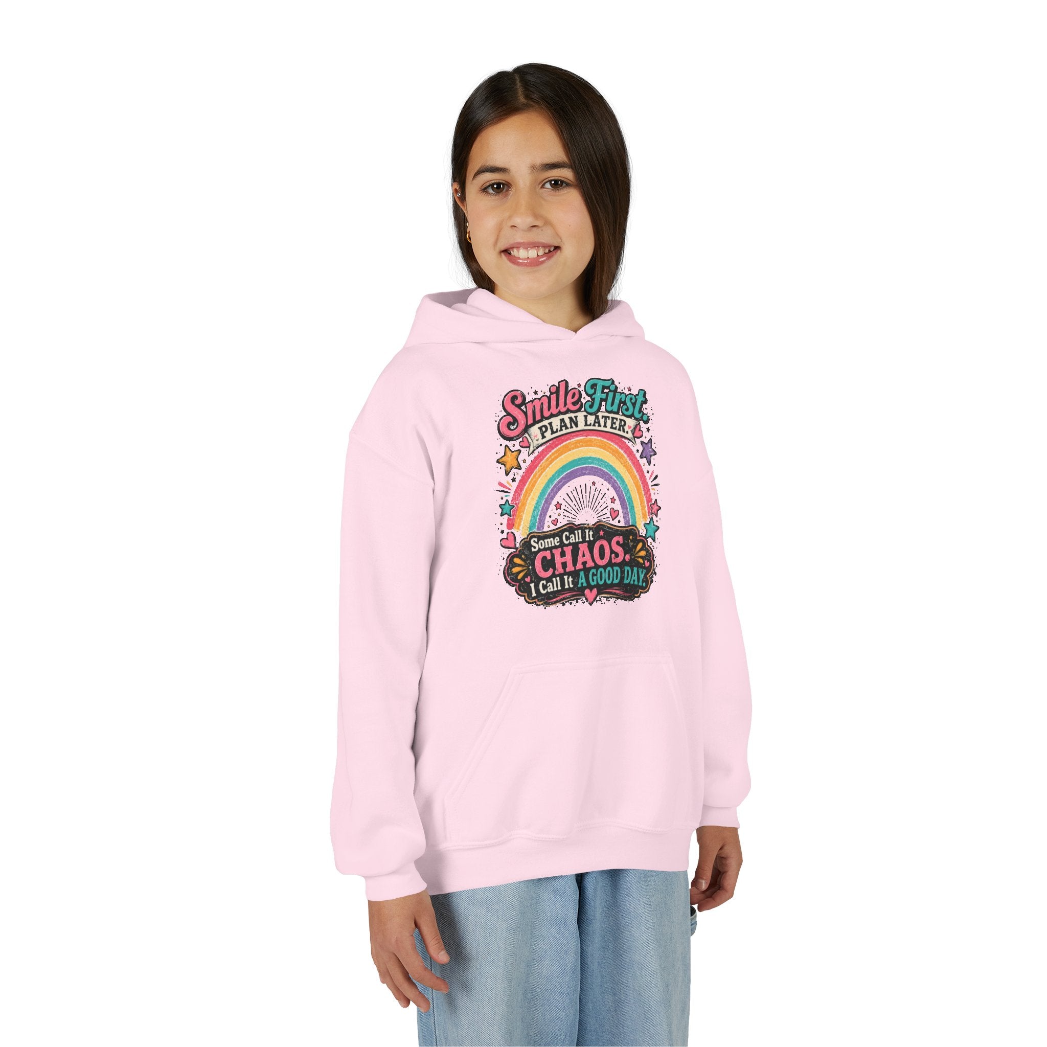 "Smile First, Plan Later" Rainbow Chaos Quote Pullover - Youth Hoodie -