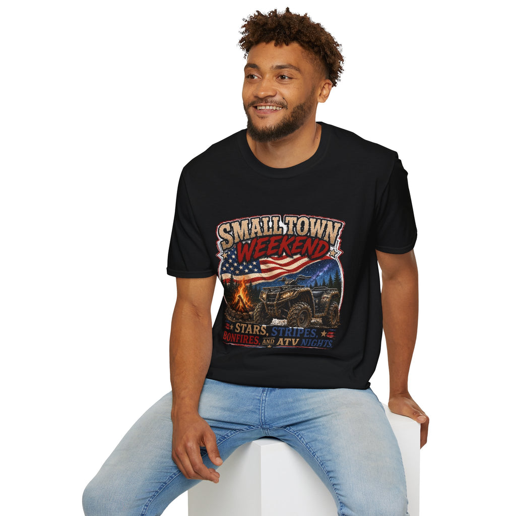 Small Town Weekend T-Shirt — Americana Flag, Bonfire & ATV Retro Graphic