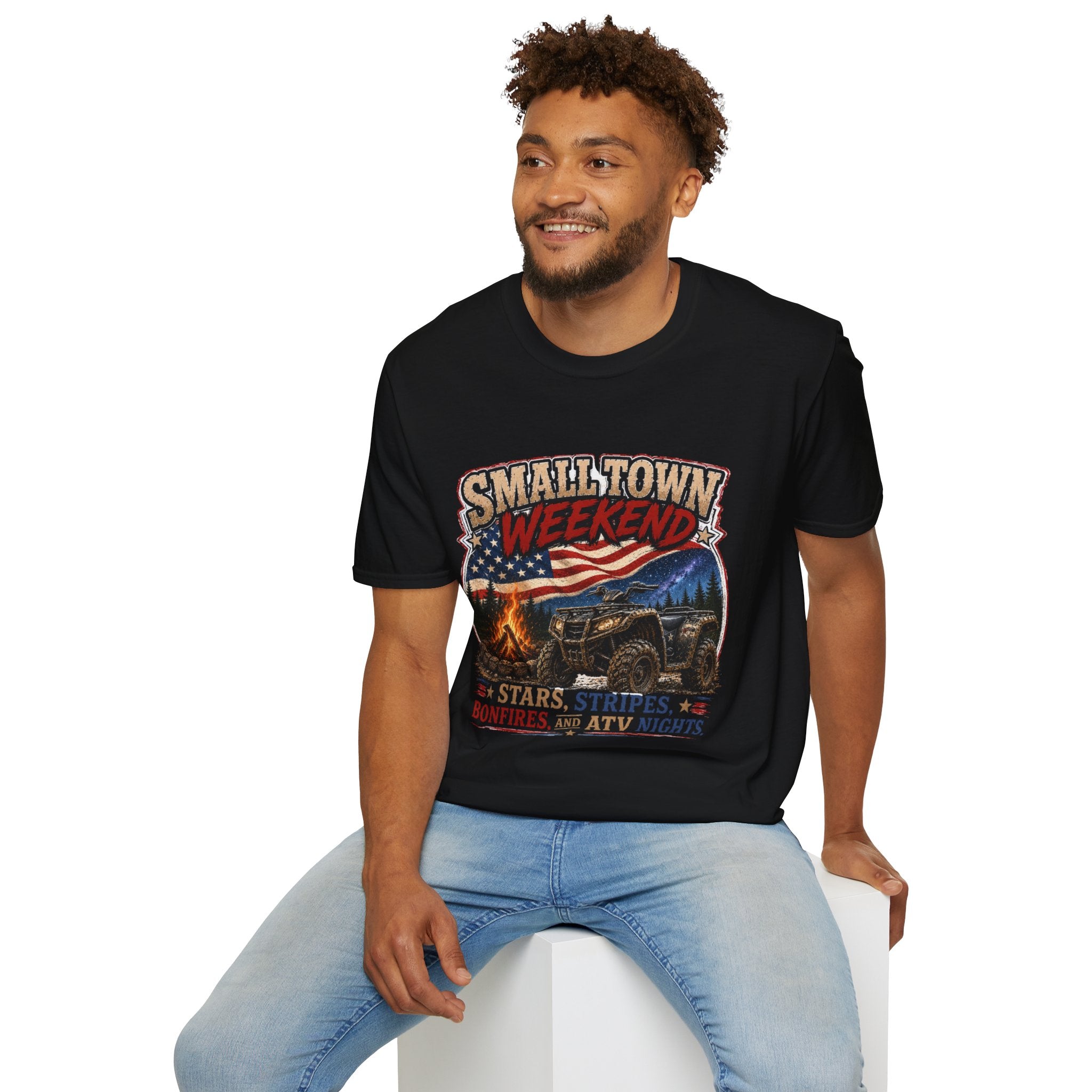 Small Town Weekend T-Shirt — Americana Flag, Bonfire & ATV Retro Graphic