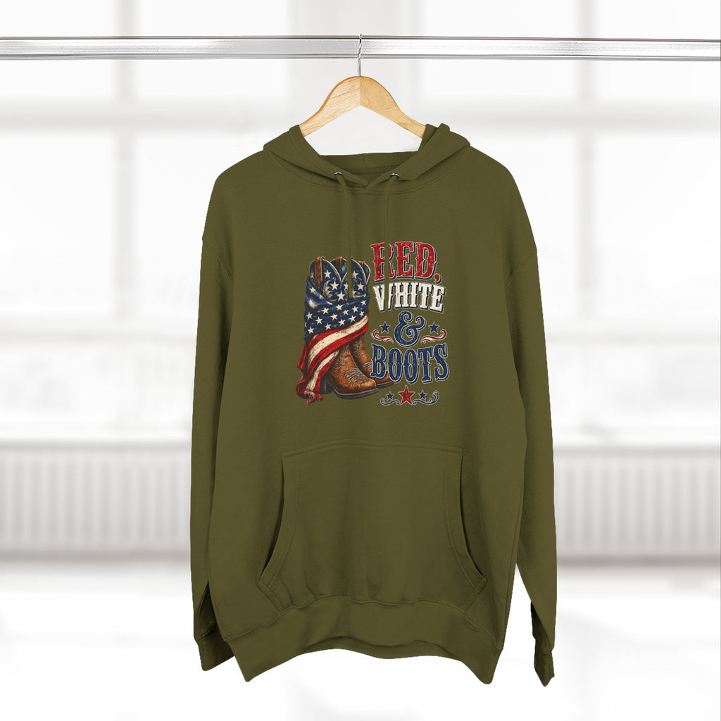 Patriotic 'Red White & Boots' Hoodie — American Flag Cowboy Boots Pullover