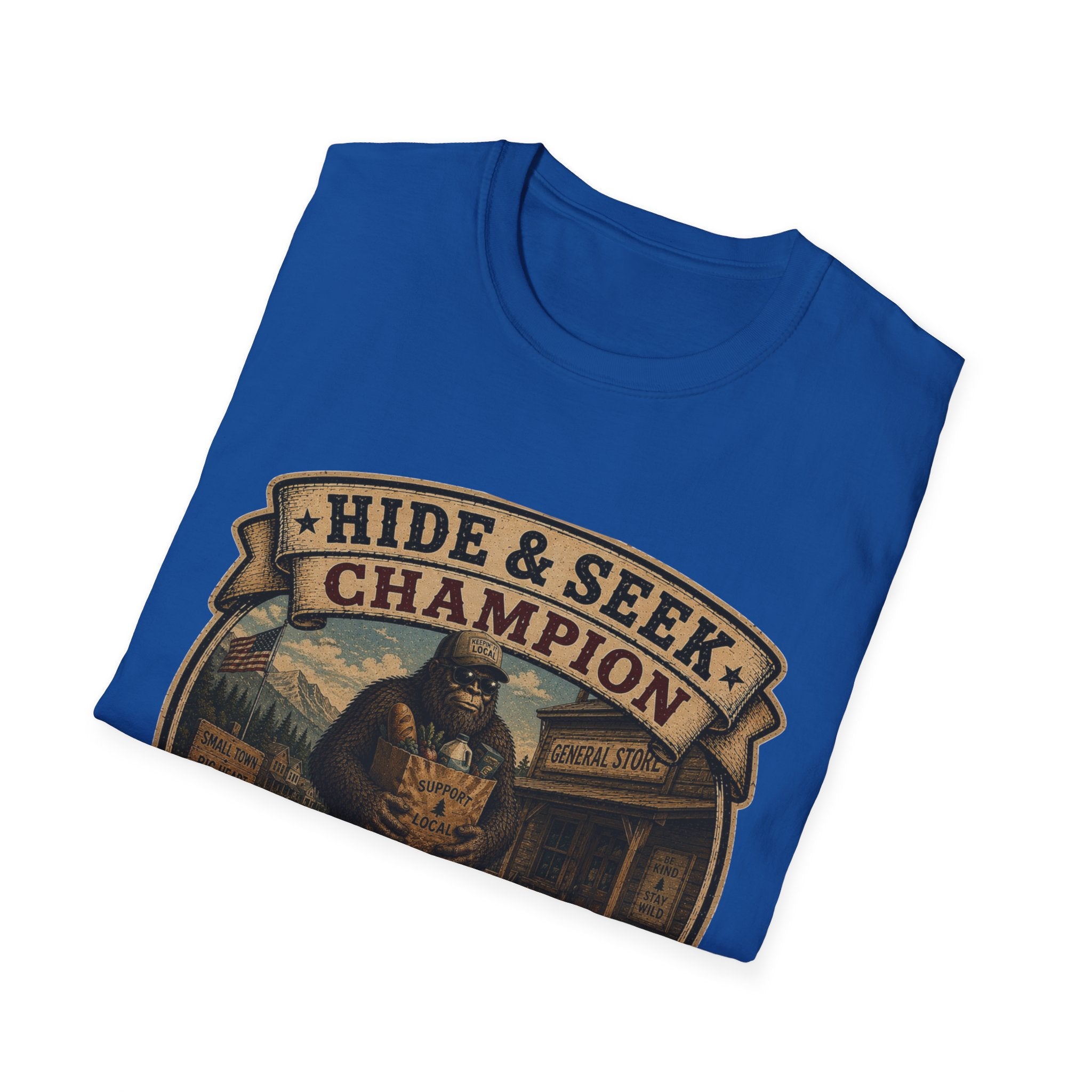 Hide & Seek Champion T-Shirt — Bigfoot Sasquatch Vintage Badge Design