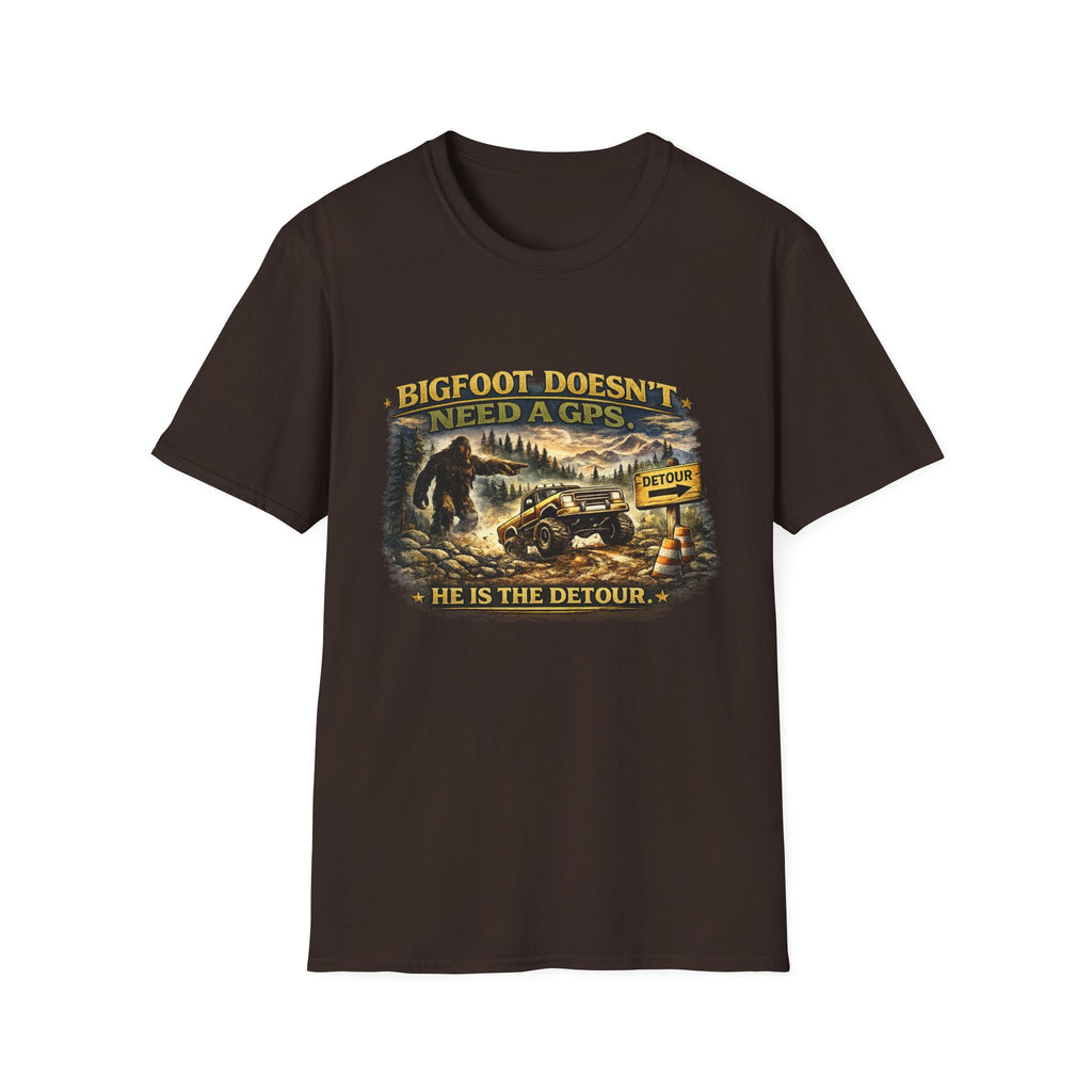 Bigfoot Doesn't Need a GPS T-Shirt — Funny Sasquatch Off-Road Detour Tee