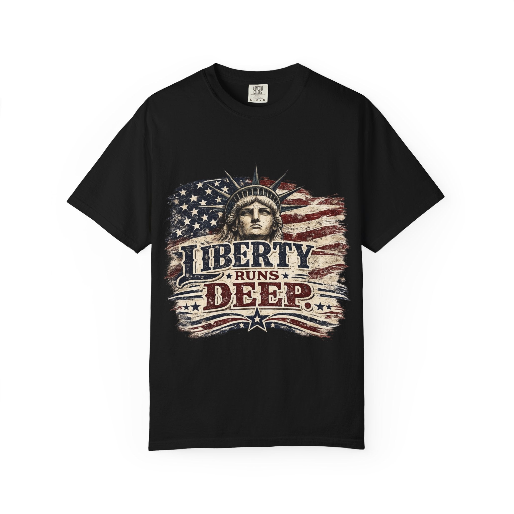 Liberty Runs Deep T-Shirt — Vintage Statue of Liberty American Flag Tee