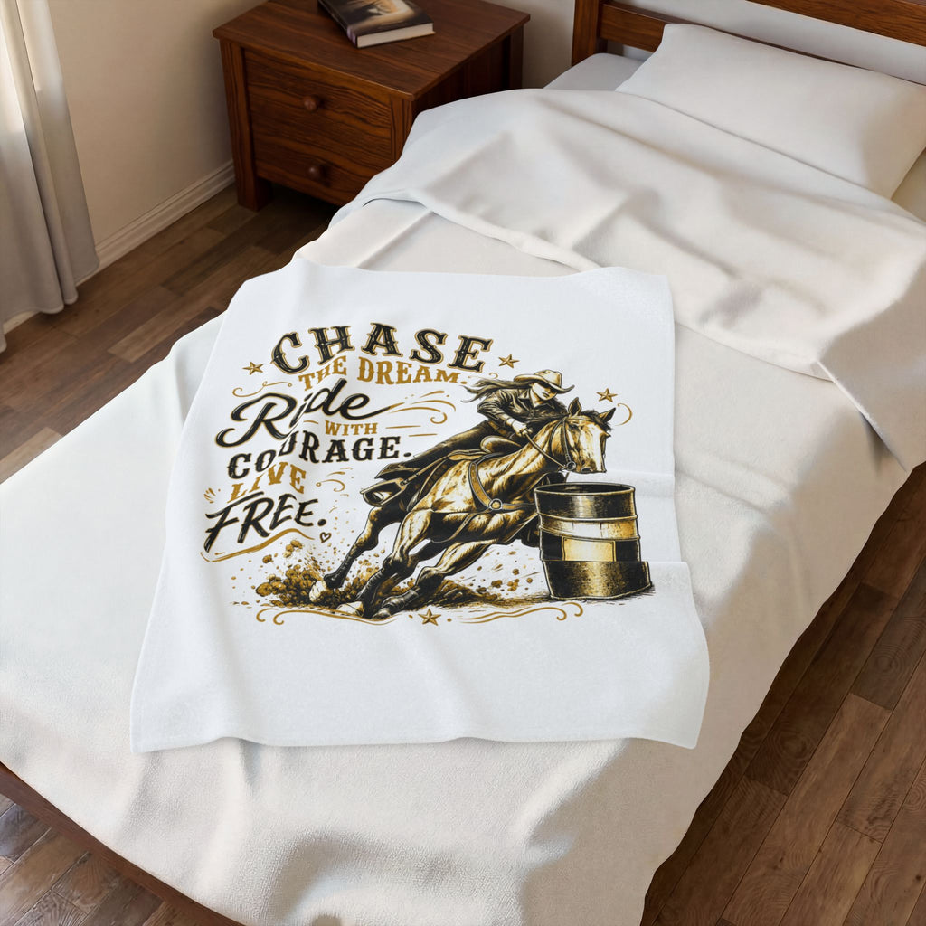 "Chase the Dream. Ride with Courage. Live Free." — (Gold) Barrel Racing Velveteen Plush Blanket