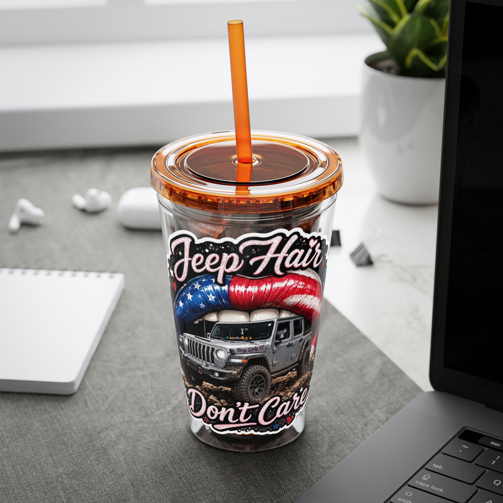 Jeep Hair Don't Care 16oz Tumbler with Straw — Patriotic Off-Road Truck Design