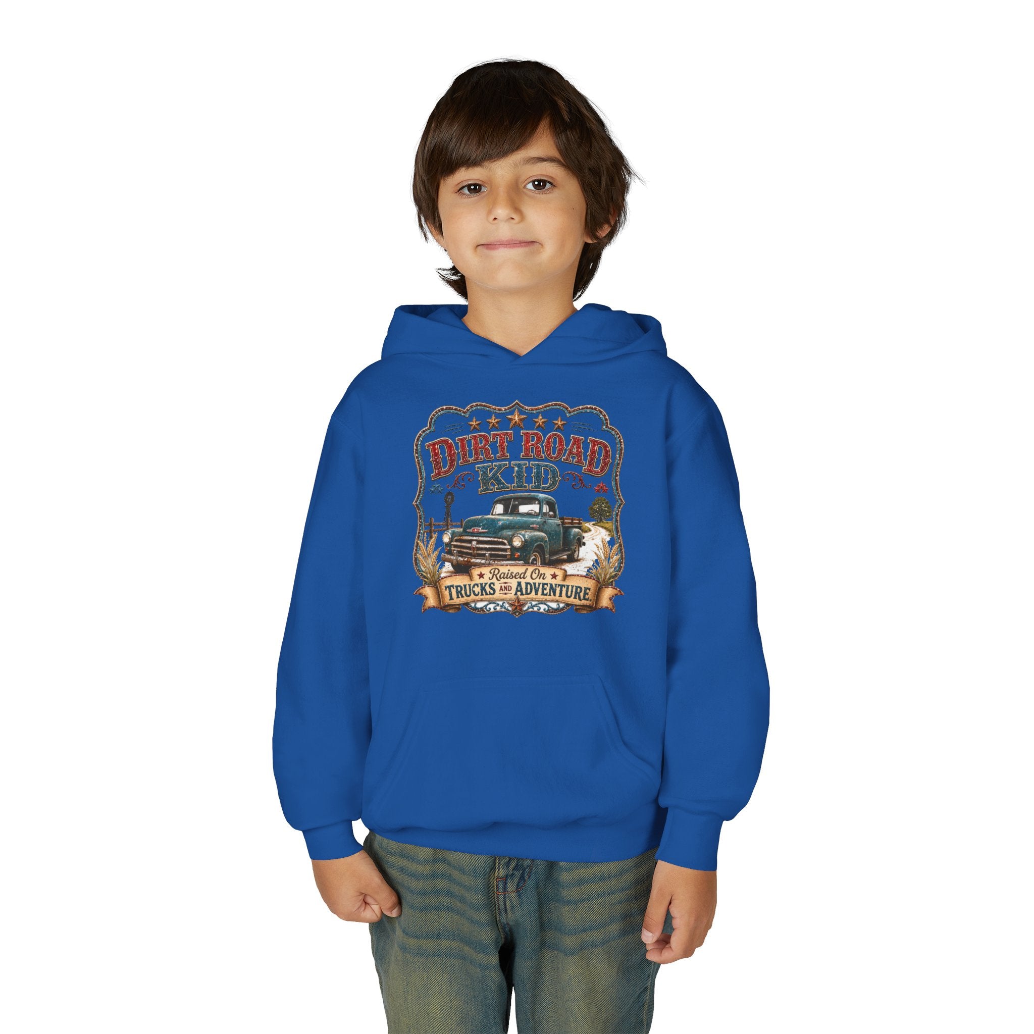 Youth Hoodie — “Dirt Road Kid” Vintage Truck Adventure Sweatshirt