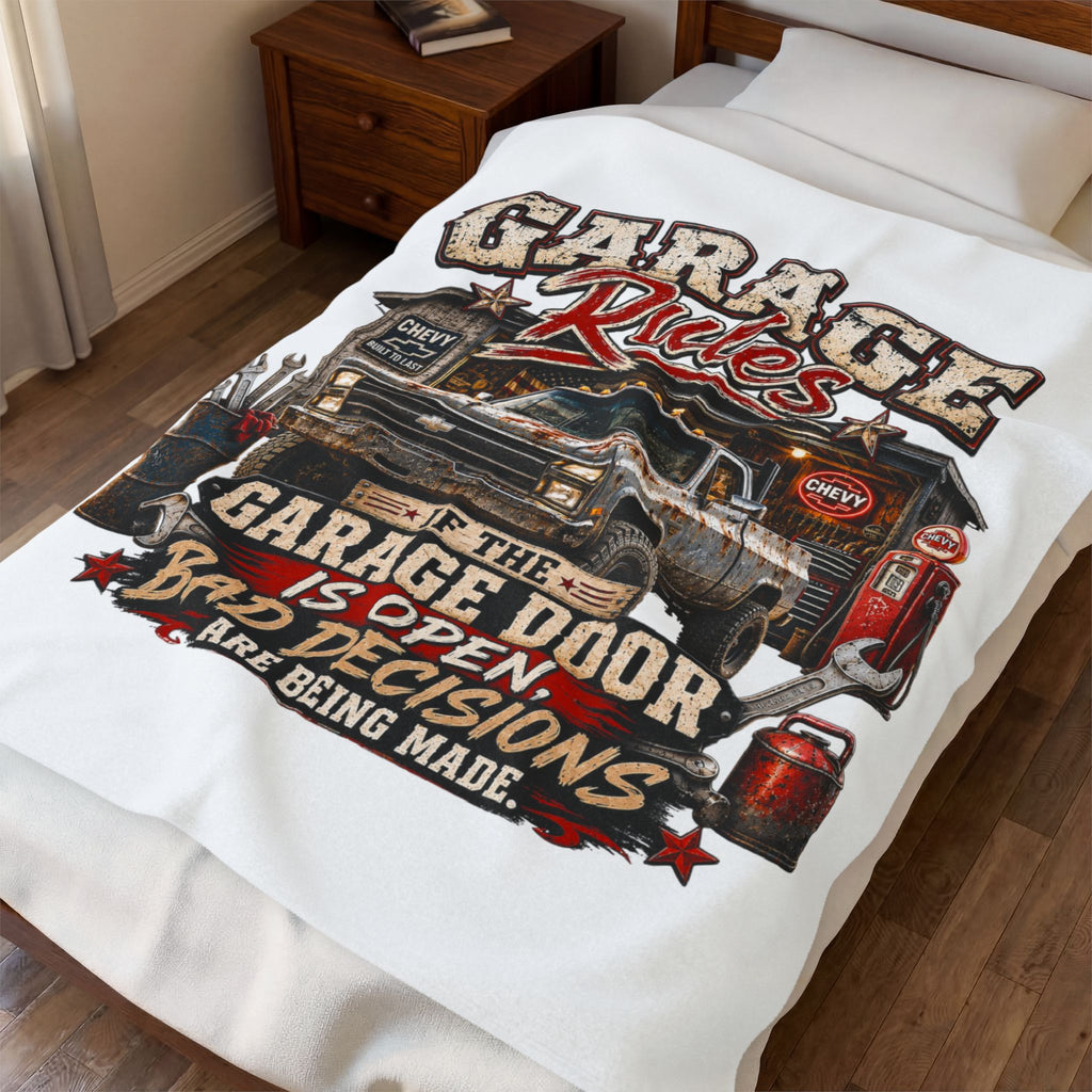 Garage Rules Velveteen Plush Blanket – “If the Garage Door Is Open, Bad Decisions Are Being Made” Vintage Truck Design
