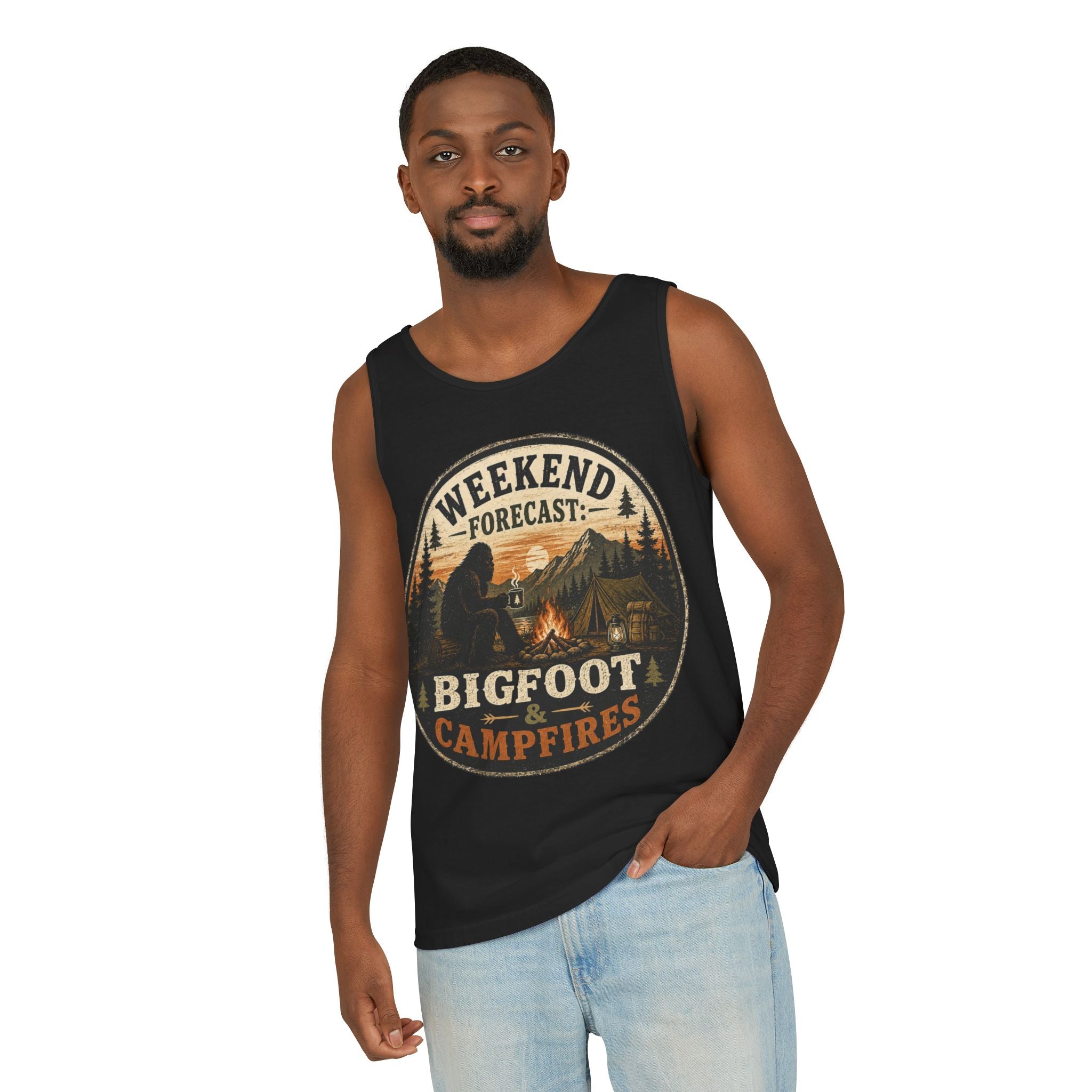 Bigfoot & Campfires Tank Top — "Weekend Forecast: Bigfoot & Campfires" Outdoor Camping Tank