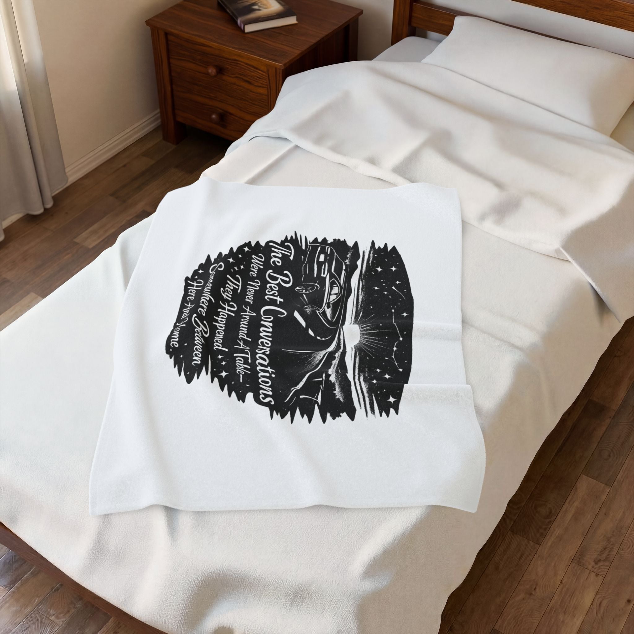 “The Best Conversations” Scenic Camping Quote Throw — Velveteen Plush Blanket