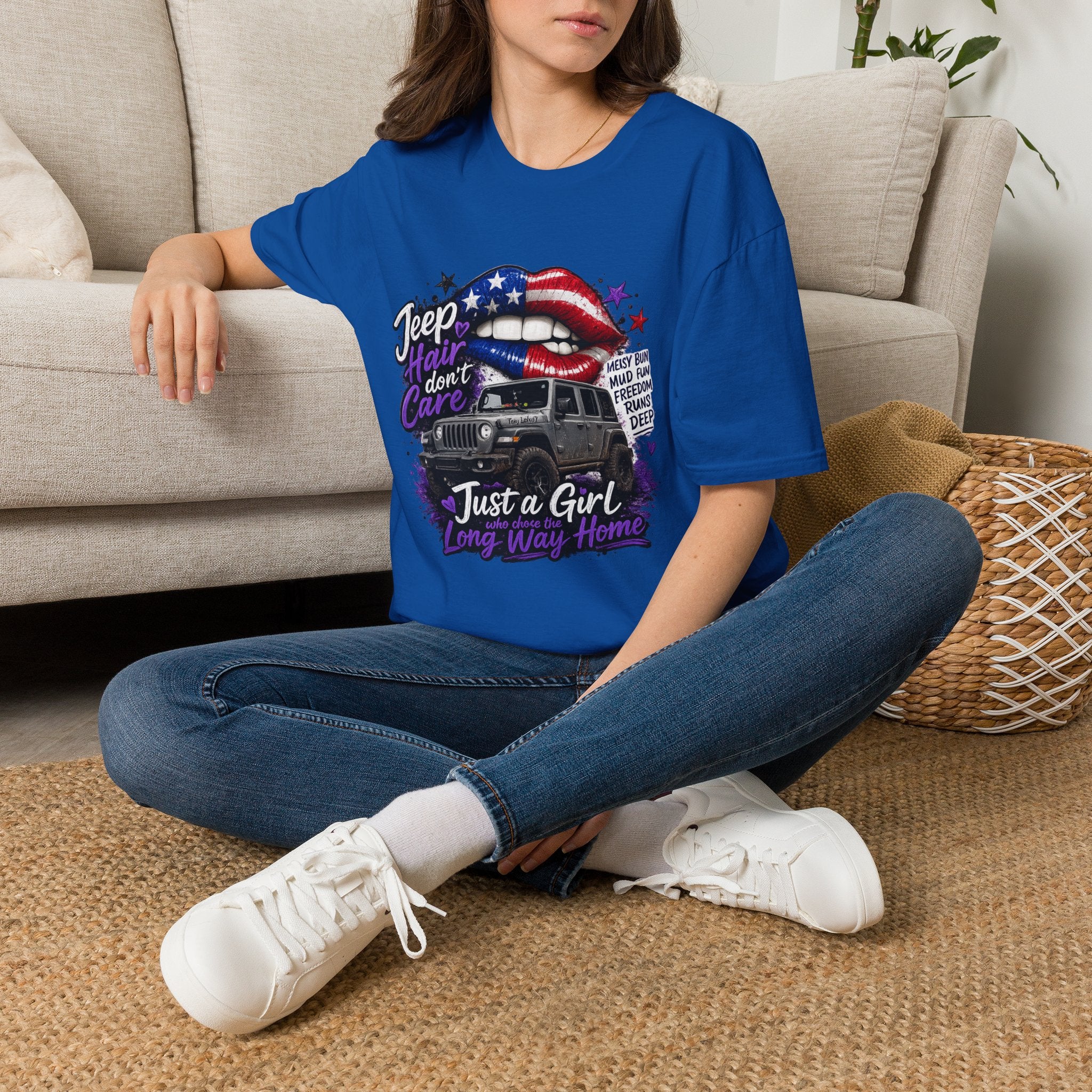 Jeep Hair Don't Care T-Shirt — American Flag Lips Off-Road Truck Tee