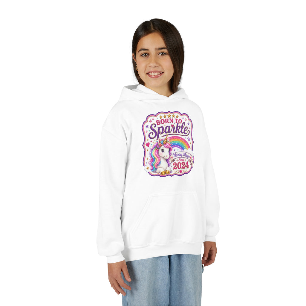"Born to Sparkle" 2024 Rainbow Unicorn Birthday Sweatshirt - Youth Hoodie -