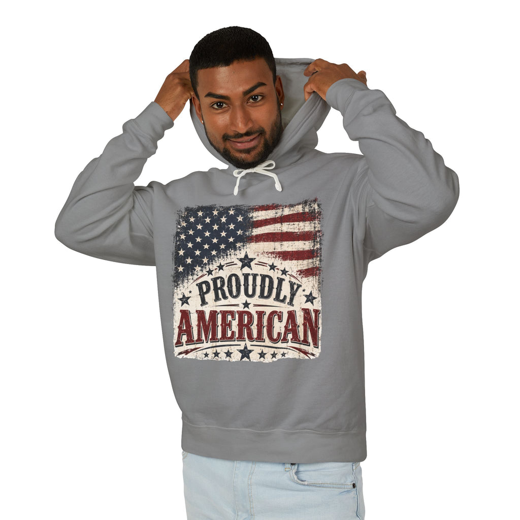Proudly American Flag Hoodie — Patriotic USA Pullover for Fourth of July