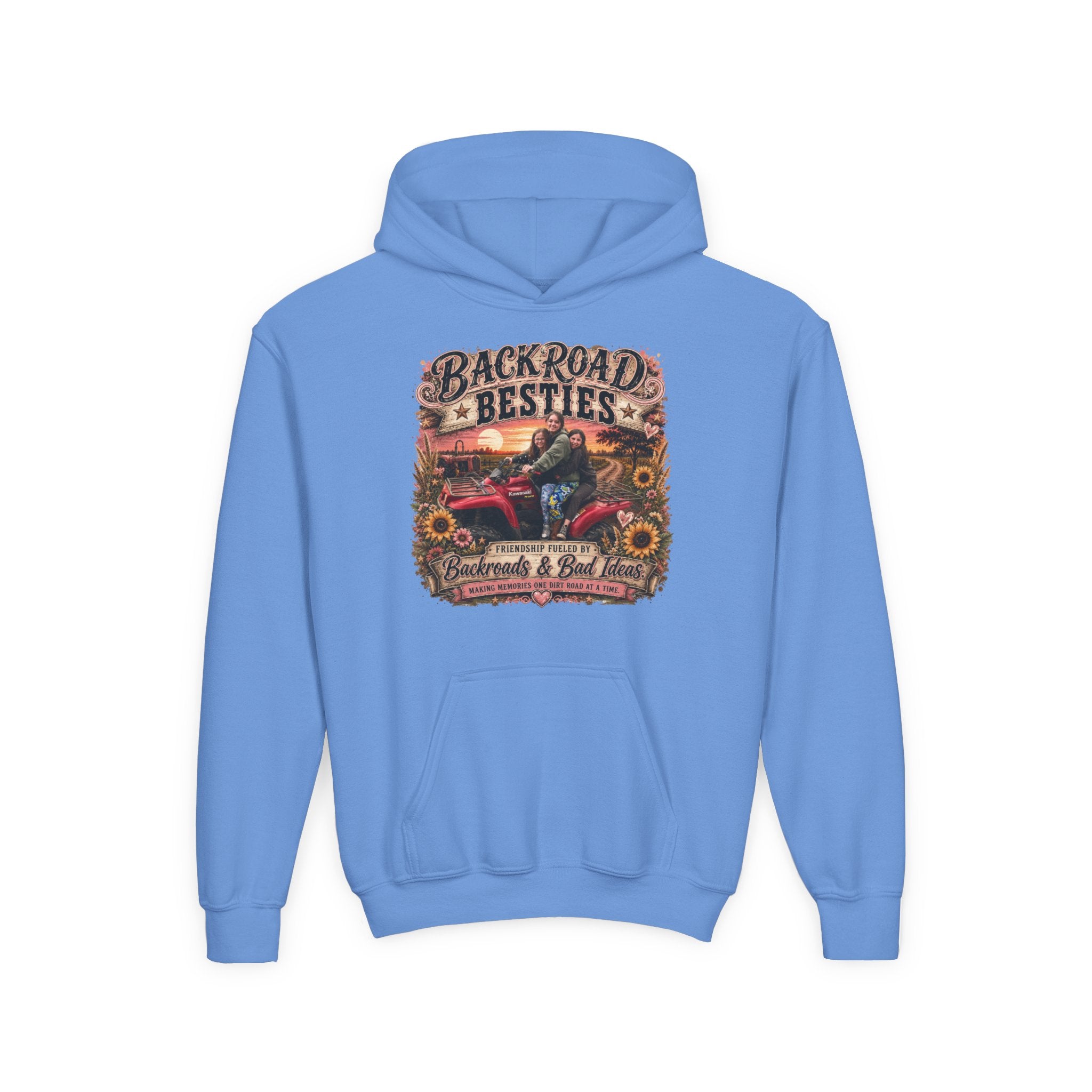 "Backroad Besties" Vintage Truck & Sunflower — Graphic Youth Hoodie