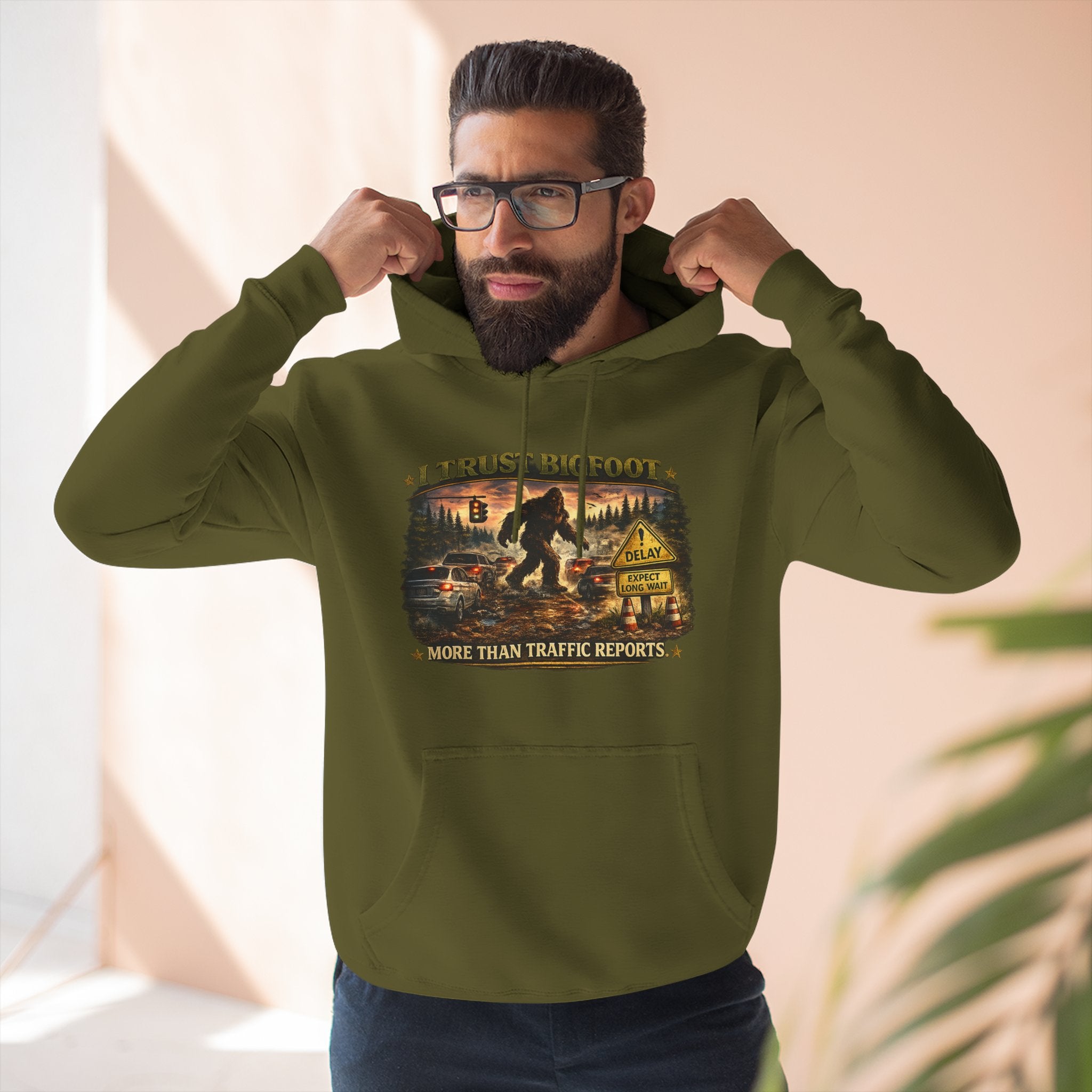 Bigfoot Forest Hoodie - "More Than Traffic Reports" Retro Sasquatch Graphic Hoodie