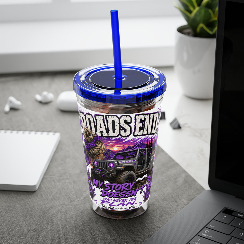 Roads End 16oz Tumbler with Straw — Purple Adventure Truck Design