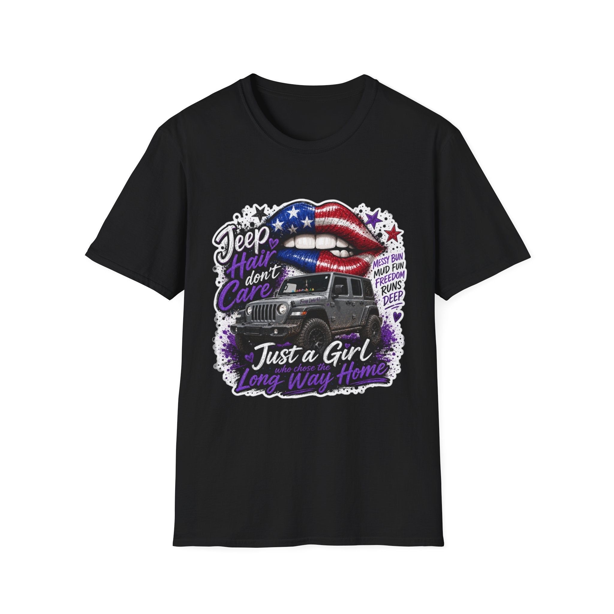 Jeep Hair Don't Care T-Shirt — American Flag Lips Off-Road Truck Tee