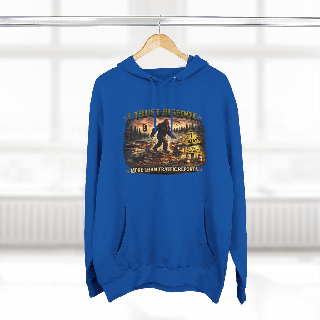 Bigfoot Forest Hoodie - "More Than Traffic Reports" Retro Sasquatch Graphic Hoodie