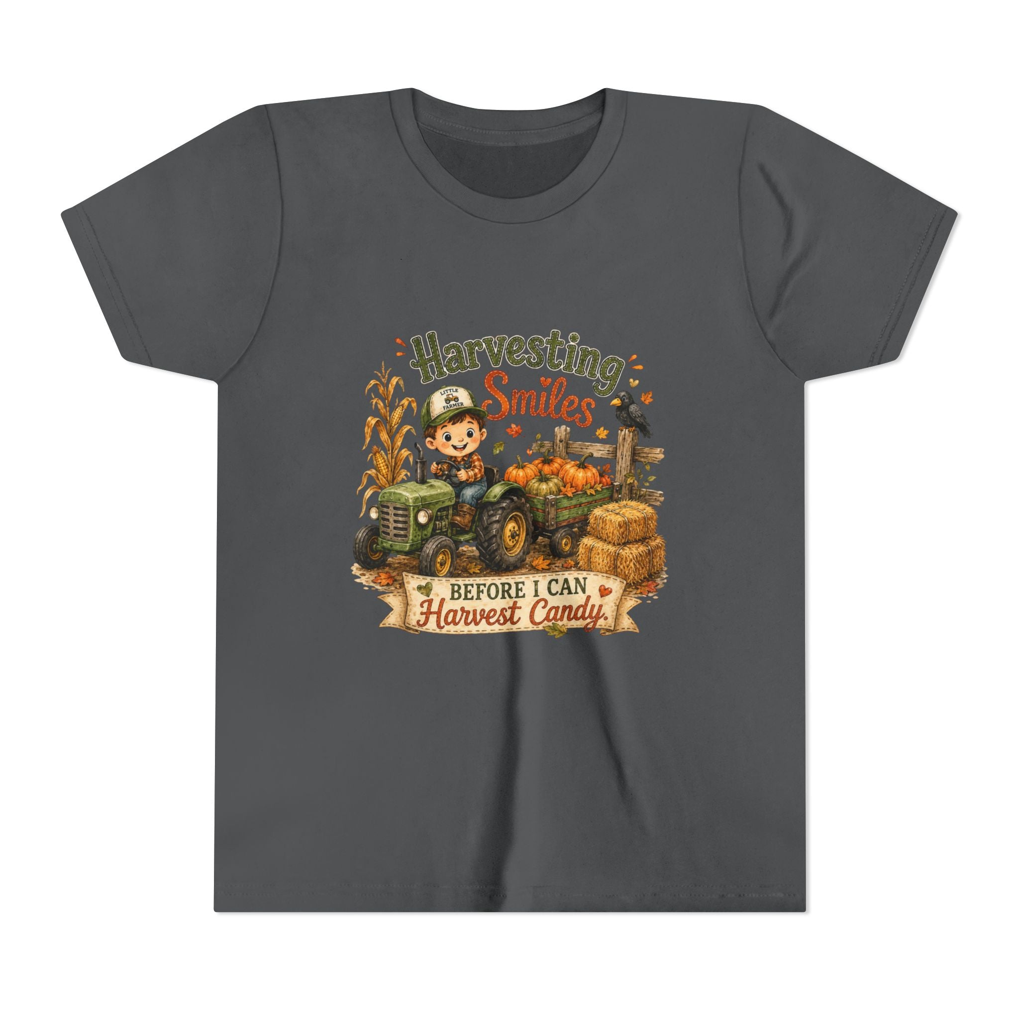"Harvesting Smiles Before I Can Harvest Candy" Fall Tractor Halloween Kids Shirt — Youth Tee
