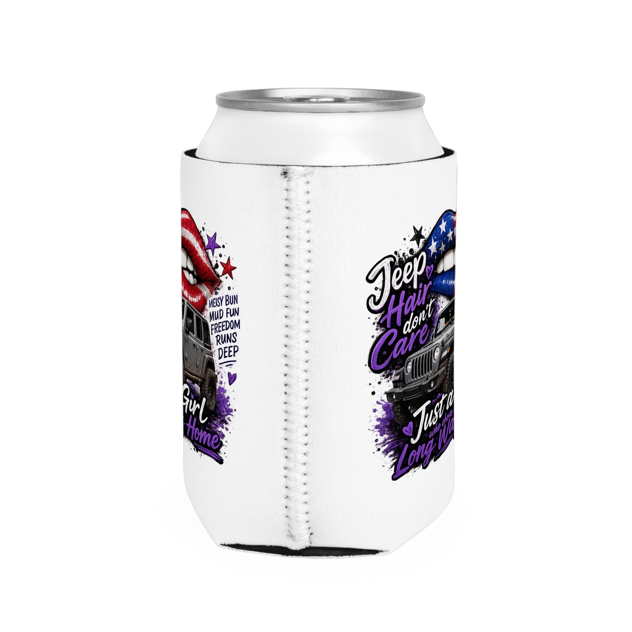 “Jeep Hair Don’t Care” Patriotic Off‑Road Girl Koozie Can Cooler Sleeve