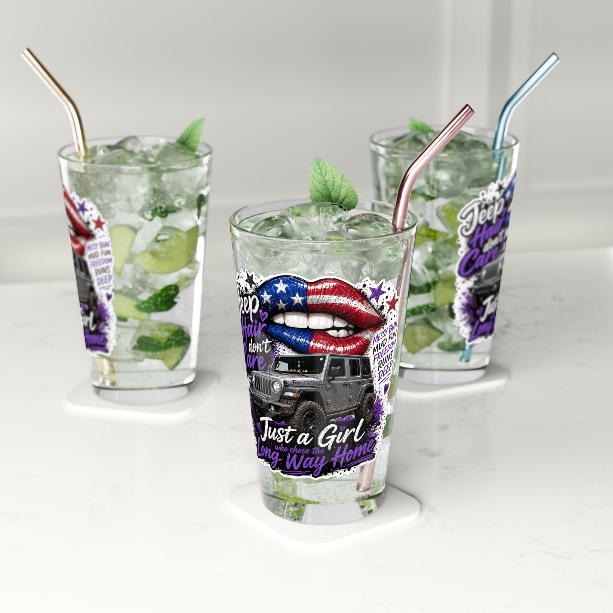 Jeep Girl Pint Glass – 16oz Patriotic Lips & Off-Road Truck Beer Glass