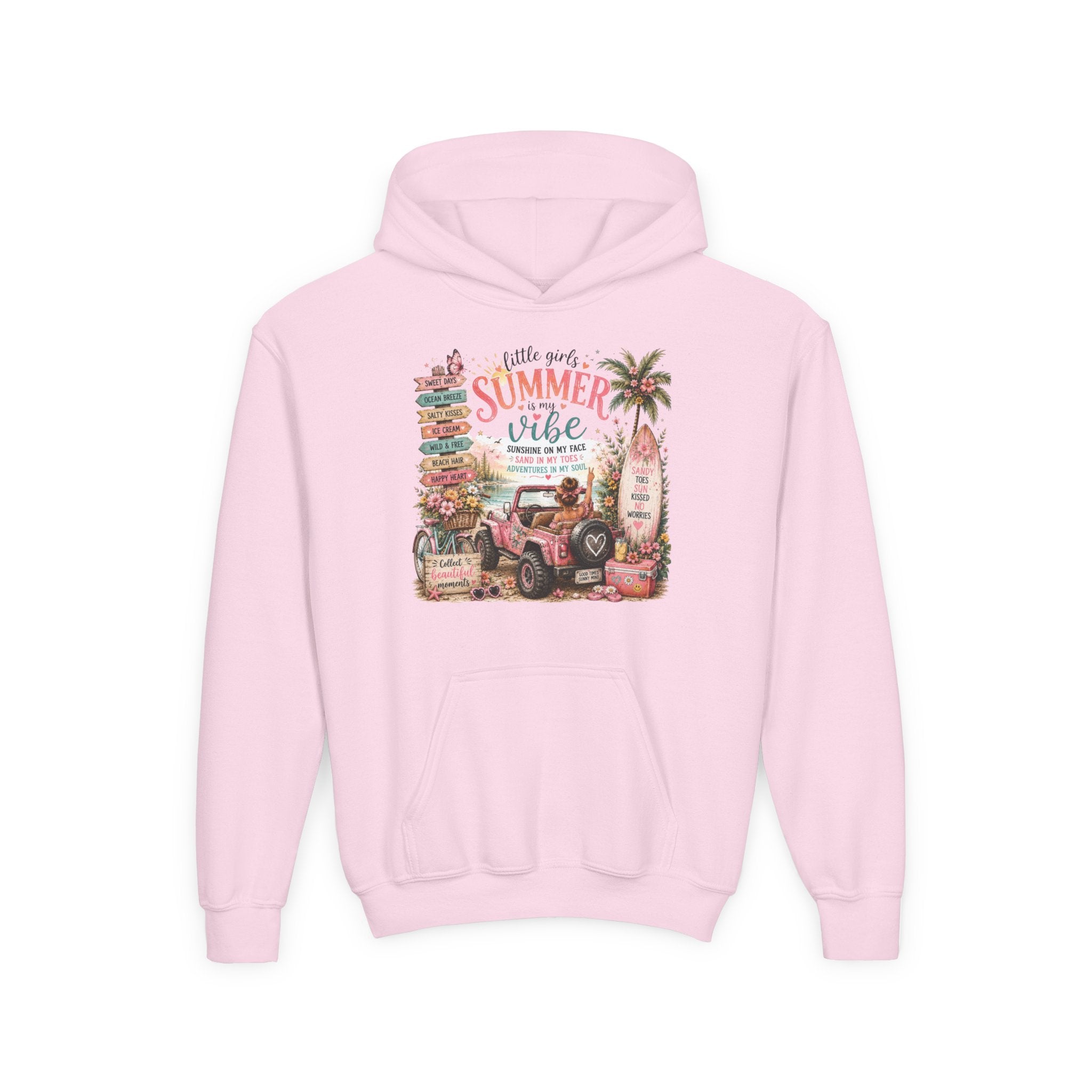 "Hello Good Ol' Summer Vibe" Beach Jeep Design – Youth Summer Vibes Hoodie