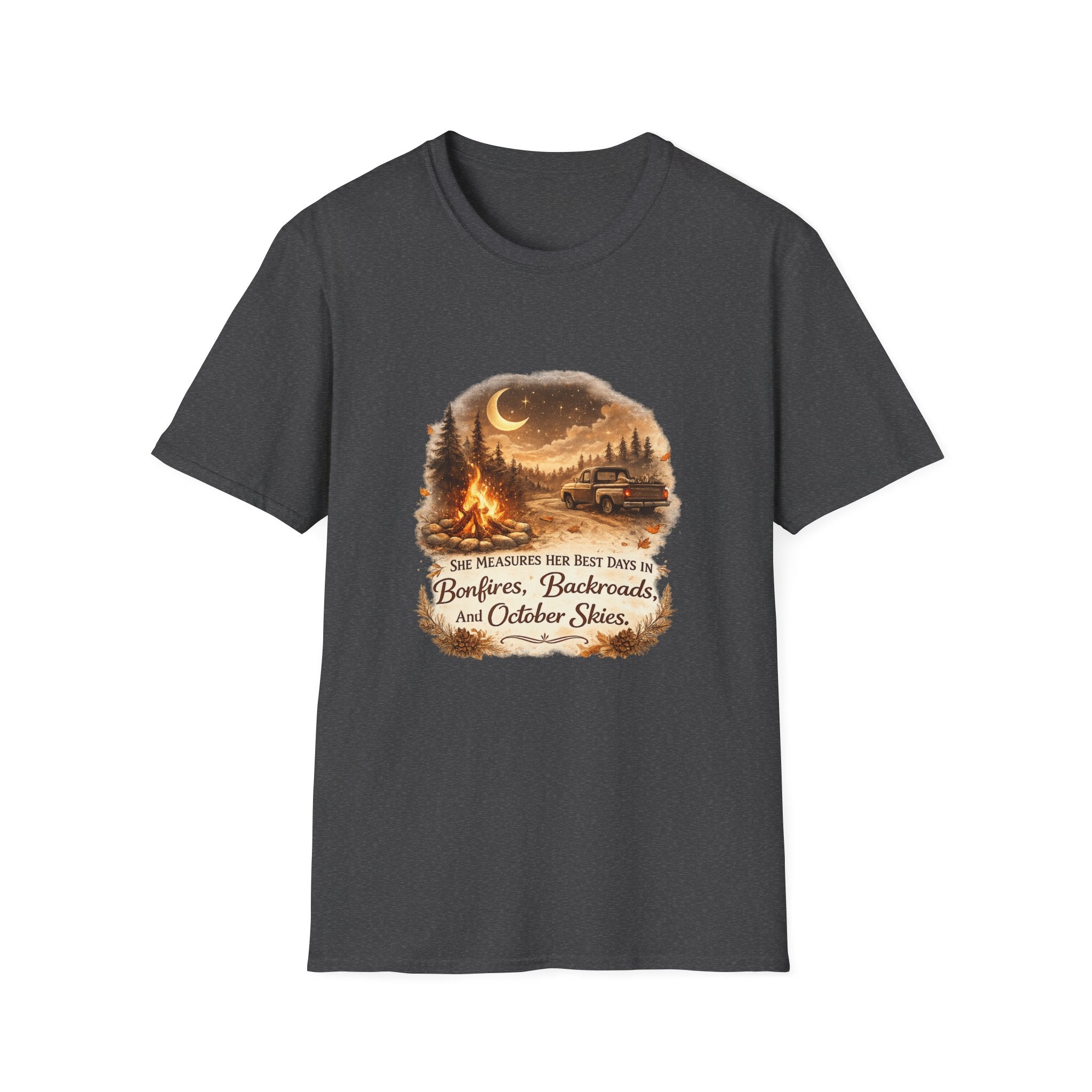 'Bonfires, Backroads, and October Skies' Outdoor Tee — Camping Scene T‑Shirt