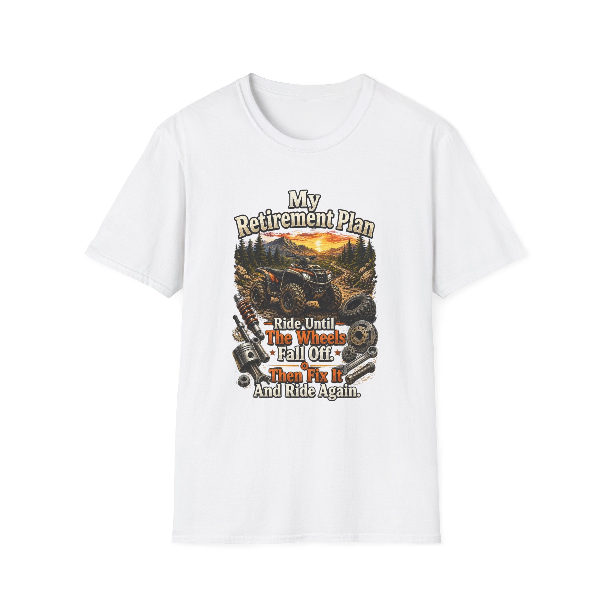 “My Retirement Plan: Ride Until I Can’t, Then Die With A Smile” Motorcycle Sunset Tee — T-Shirt