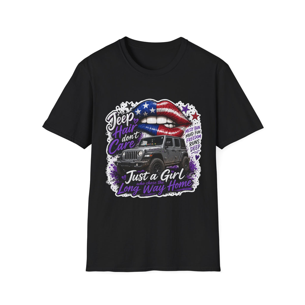 Jeep Hair Don't Care T-Shirt — American Flag Lips Off-Road Truck Tee