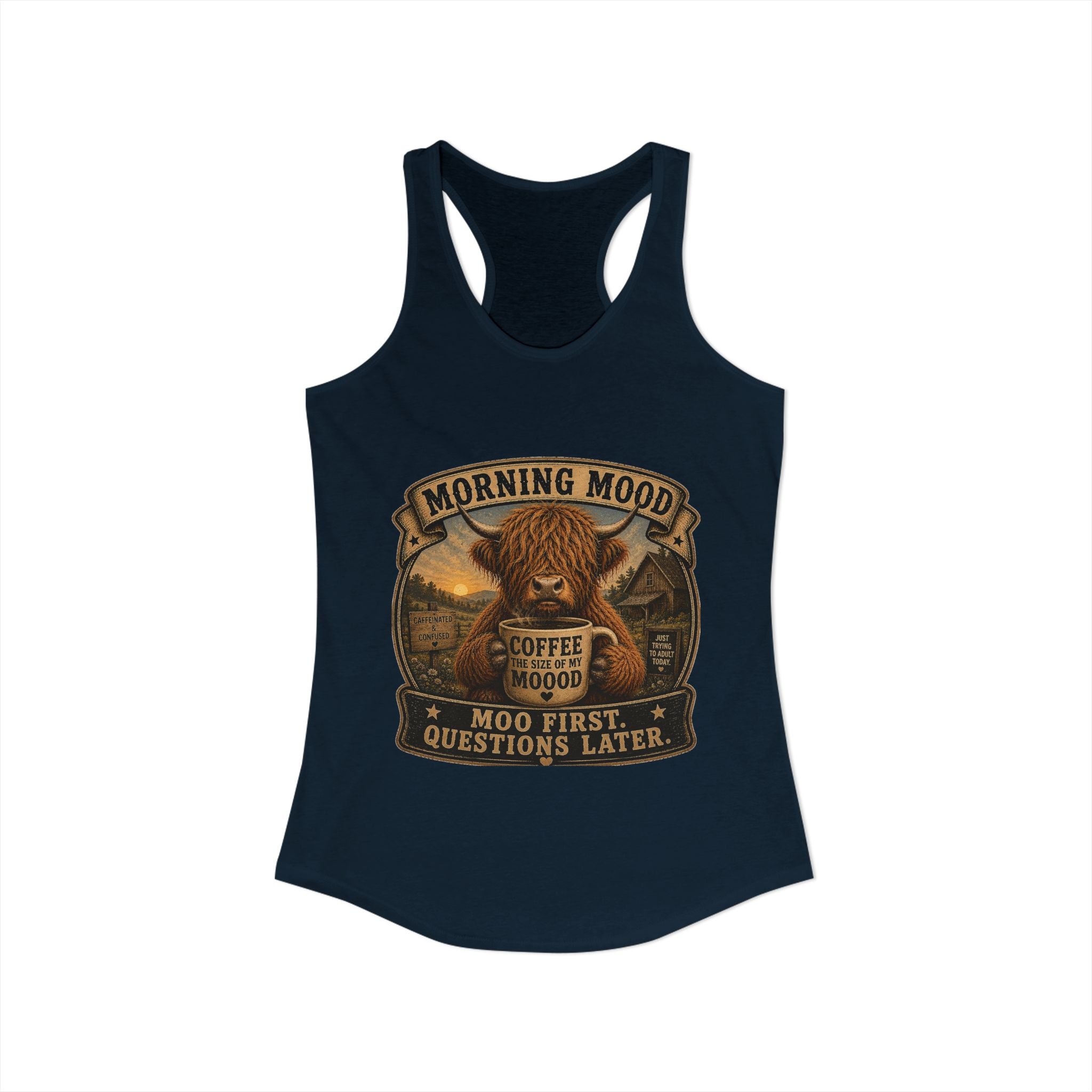 Morning Mood Highland Cow Women's Ideal Racerback Tank